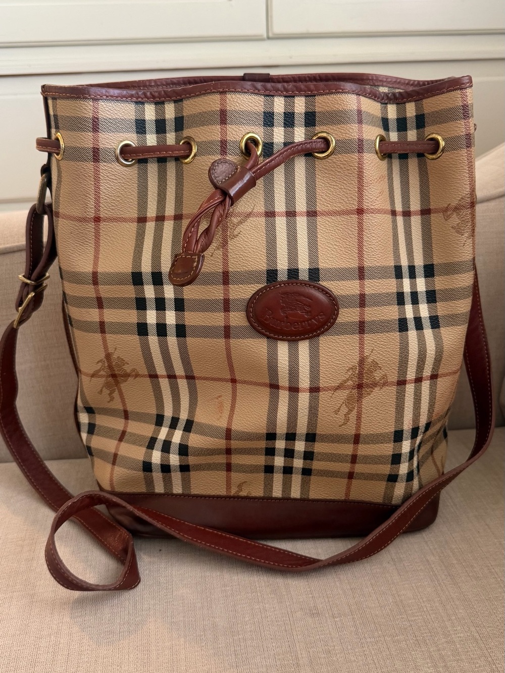 Classic Burberry Plaid Drawstring Shoulder Bag in Tan and Brown